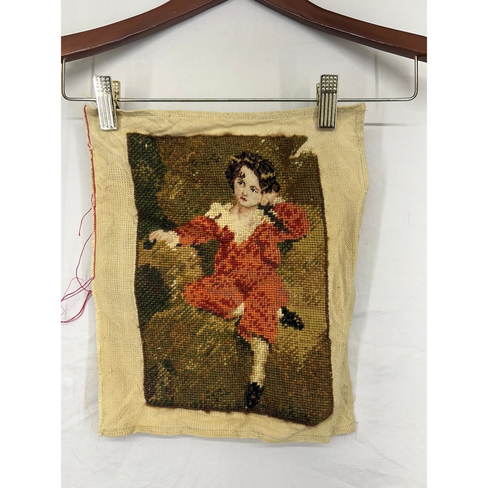 Vintage Needlepoint Tapestry Portrait Red Boy Master Lambton Stitched Art 14x12